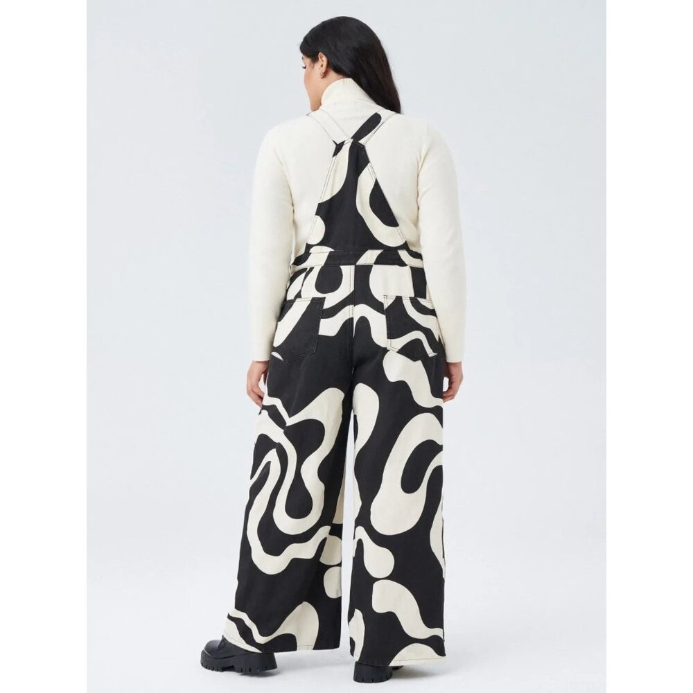 CIDER Black & White Abstract Print Wide Leg Overalls Curve & Plus Women's XL - Picture 3 of 10